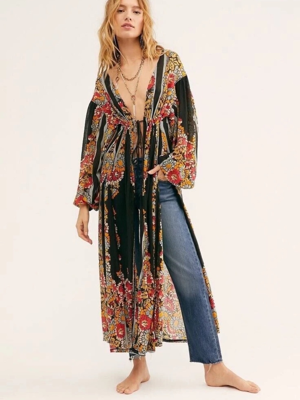 Boho Floral Black Duster Kimono